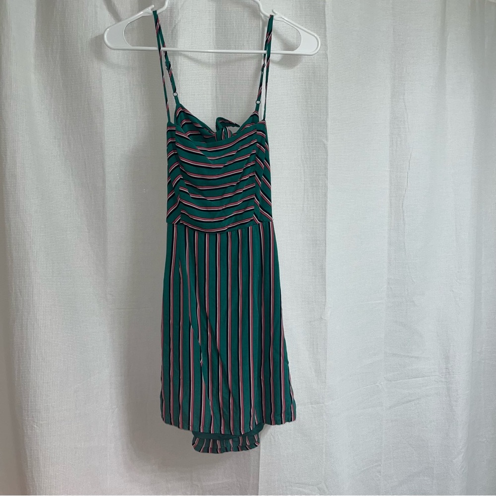 striped green tie back dress